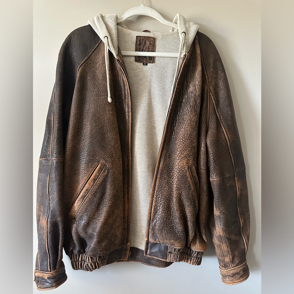 Men's Brown Leather Jacket with Hoodie